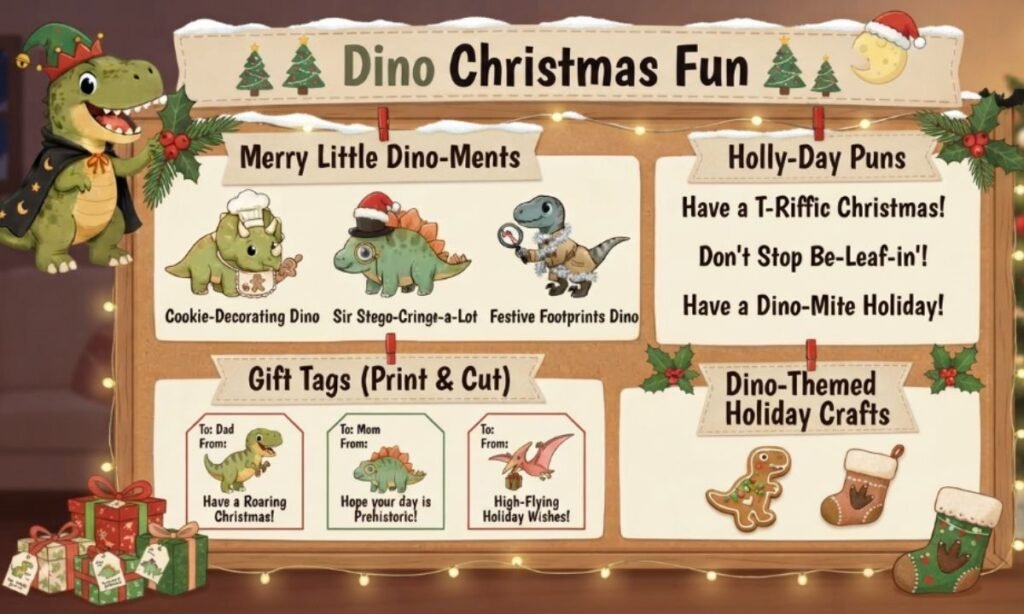 Dino Christmas Puns, Gift Tags, and Holiday Lines