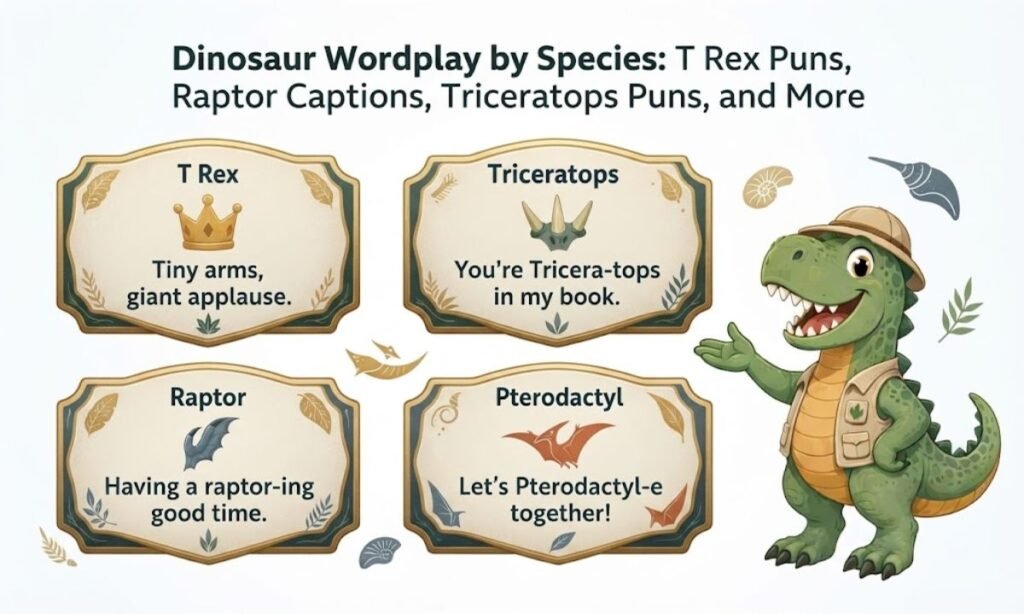 Dinosaur Wordplay by Species T Rex Puns, Raptor Captions, Triceratops Puns, and More