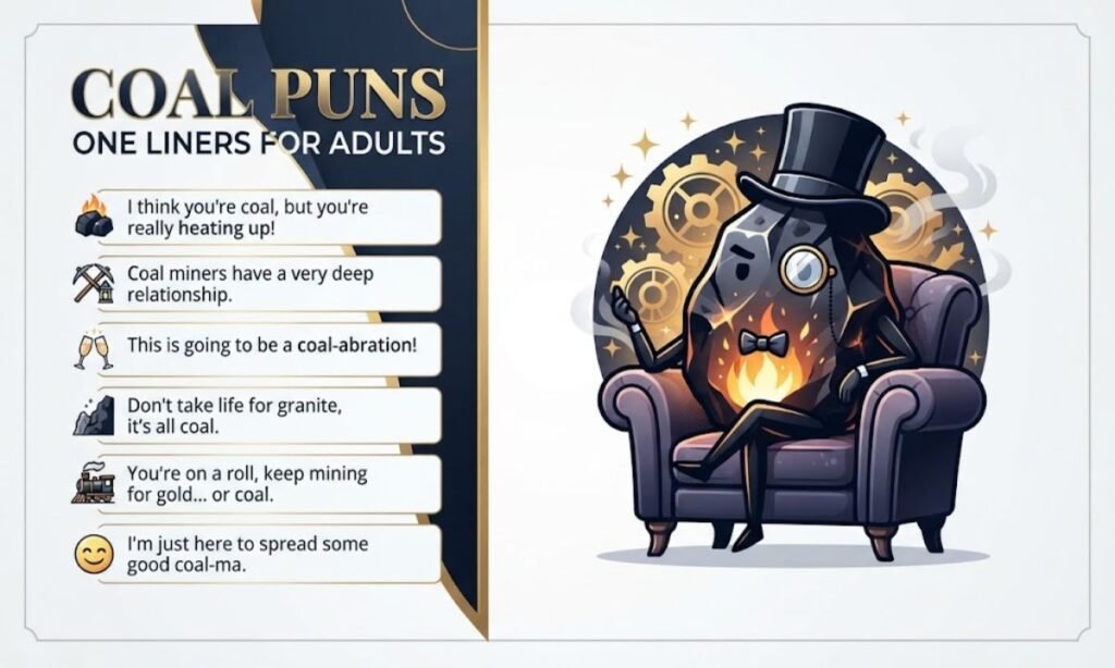 create an unique and elegant image about Coal Puns One Liners for Adults add title on one side and an one only big image on other side an an clear low kb background 1200 by 720